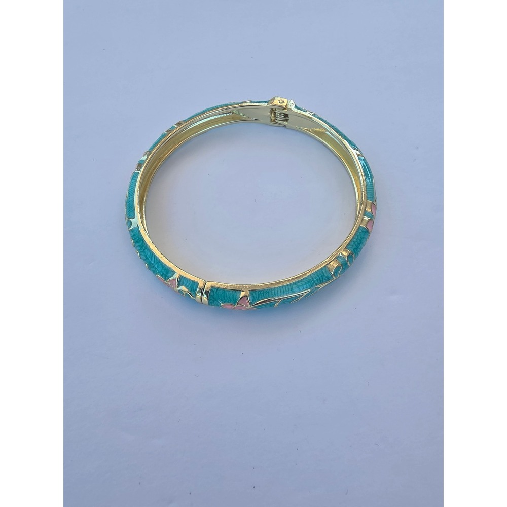 Vintage Turquoise Enamel Floral Hinged Bangle Bracelet Gold Tone Pink Flower